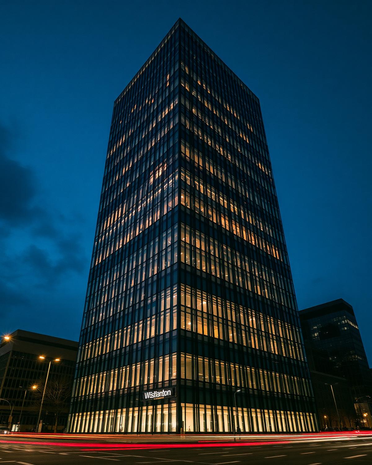 Modern glass office tower at dusk
