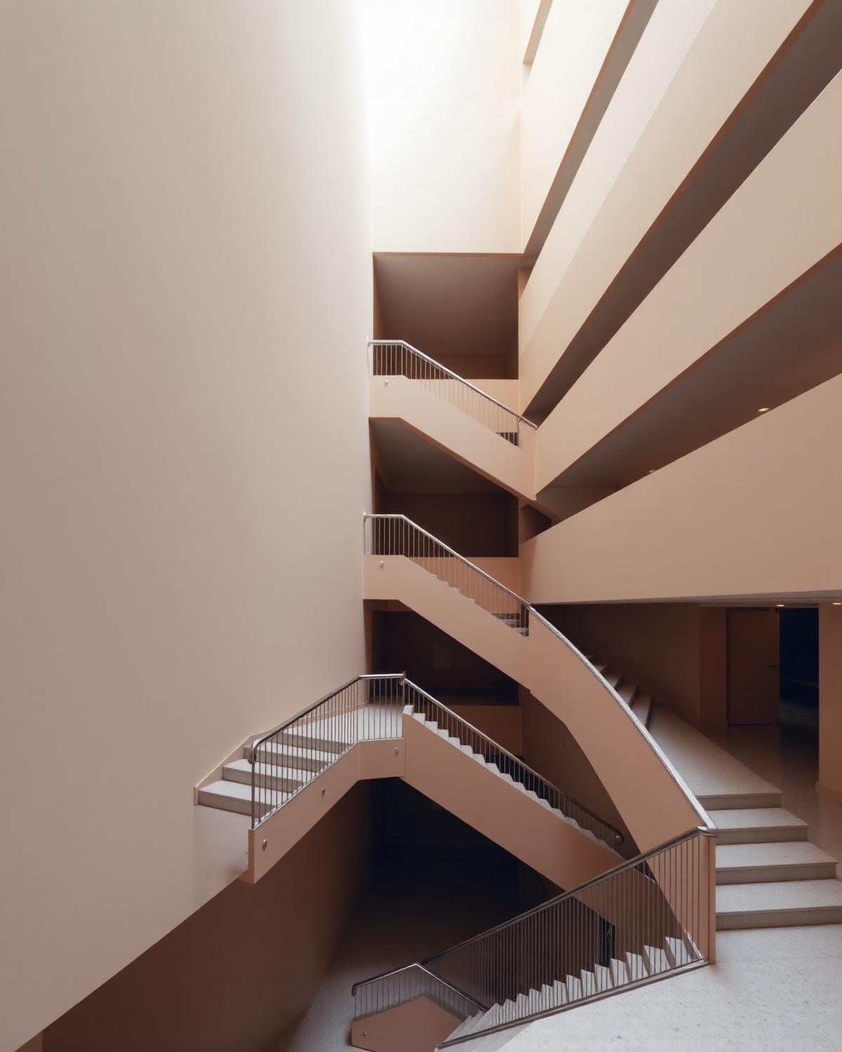 Modern atrium staircase in warm neutral light