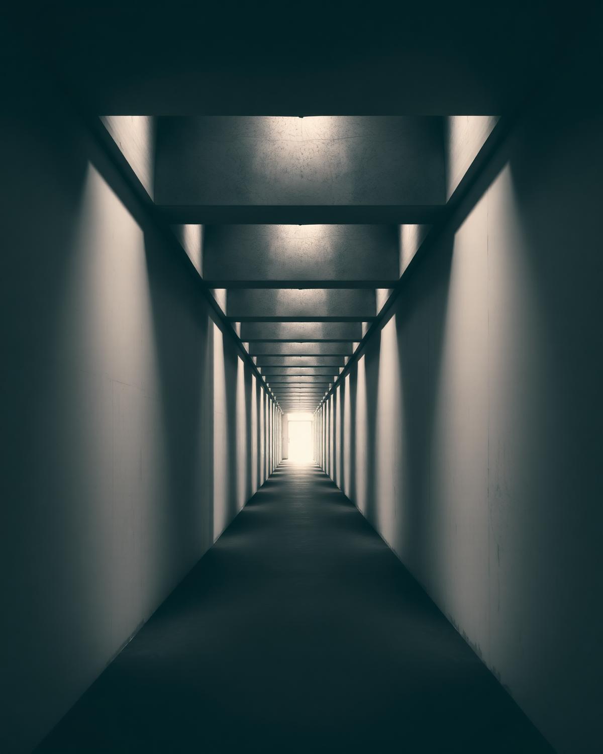 Long concrete corridor with rhythmic structural bays