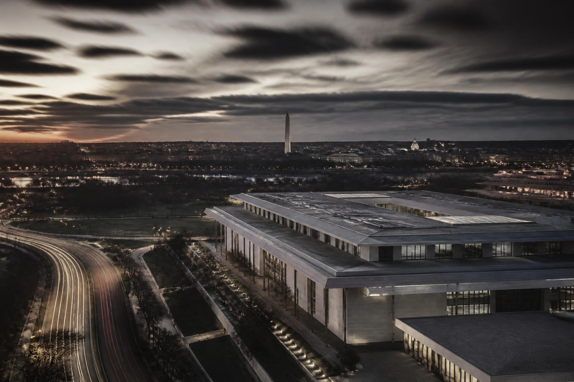 Washington, DC skyline at dusk with institutional architecture in the foreground