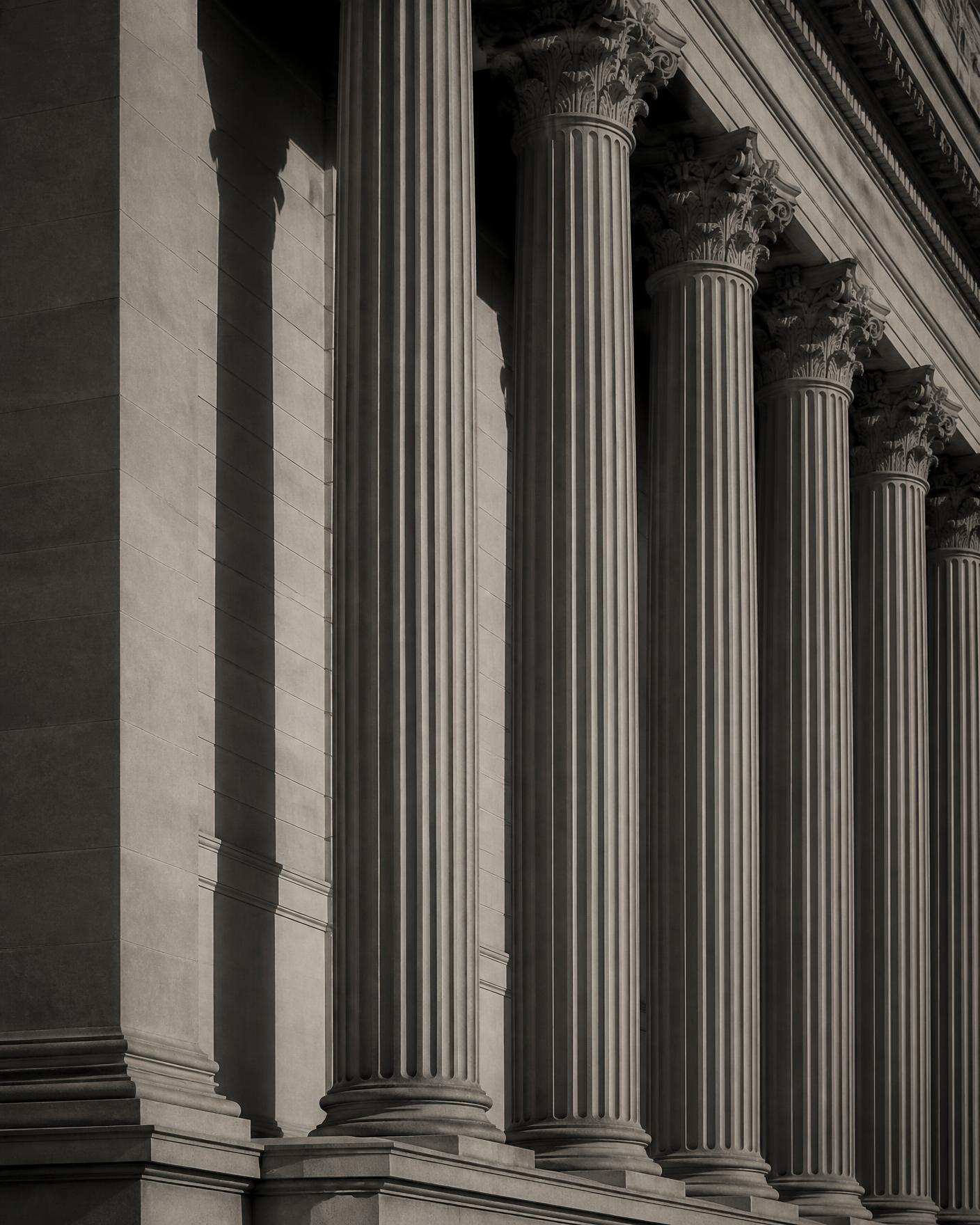 Neoclassical columns of a government building in Washington, DC